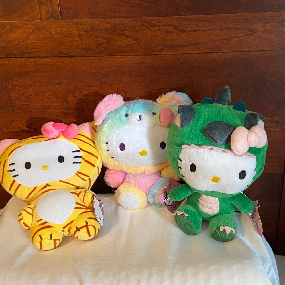 Hello Kitty Plush Trio - Green, Yellow, Pink